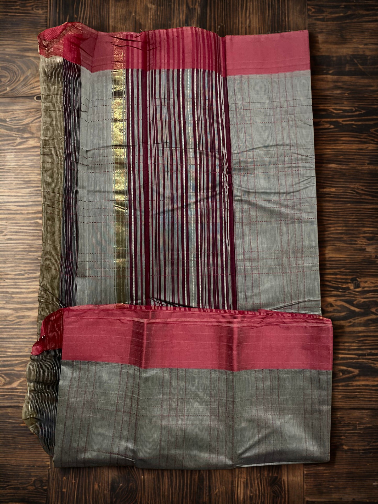 Silk Cotton Handloom Sarees for Daily Office Use - Grey with Maroon