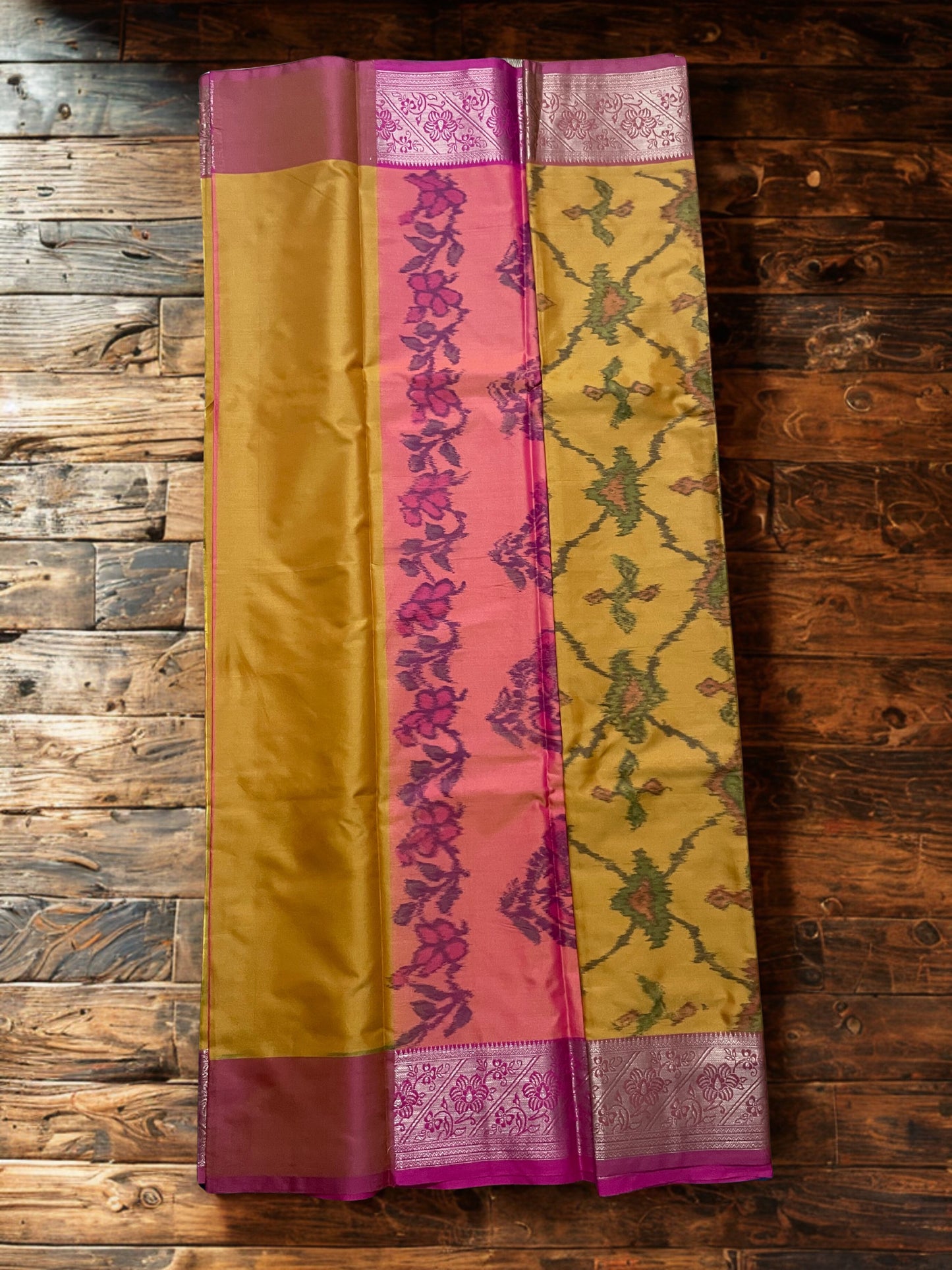 Pochampally Semi Silk Saree – Yellow with Pink Contrast Border, Pallu & Blouse Piece | Elegant Traditional Wear