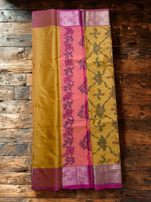 Pochampally Semi Silk Saree – Yellow with Pink Contrast Border, Pallu & Blouse Piece | Elegant Traditional Wear