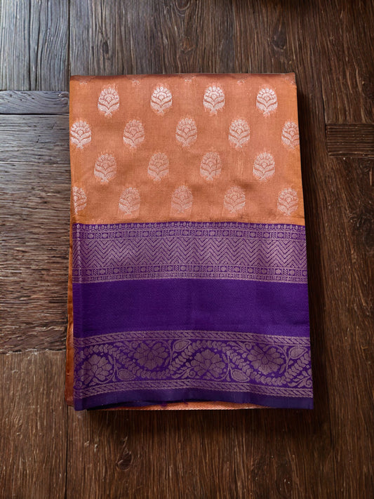 Kanchipuram Semi Silk Saree – Rust Orange with Purple Contrast Border
