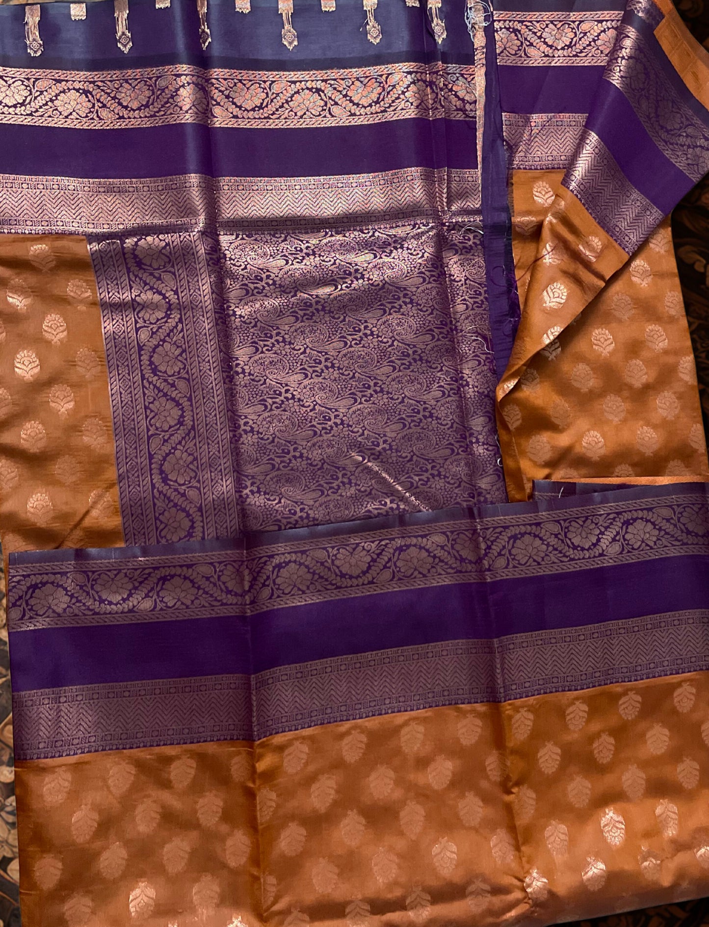 Kanchipuram Semi Silk Saree – Rust Orange with Purple Contrast Border