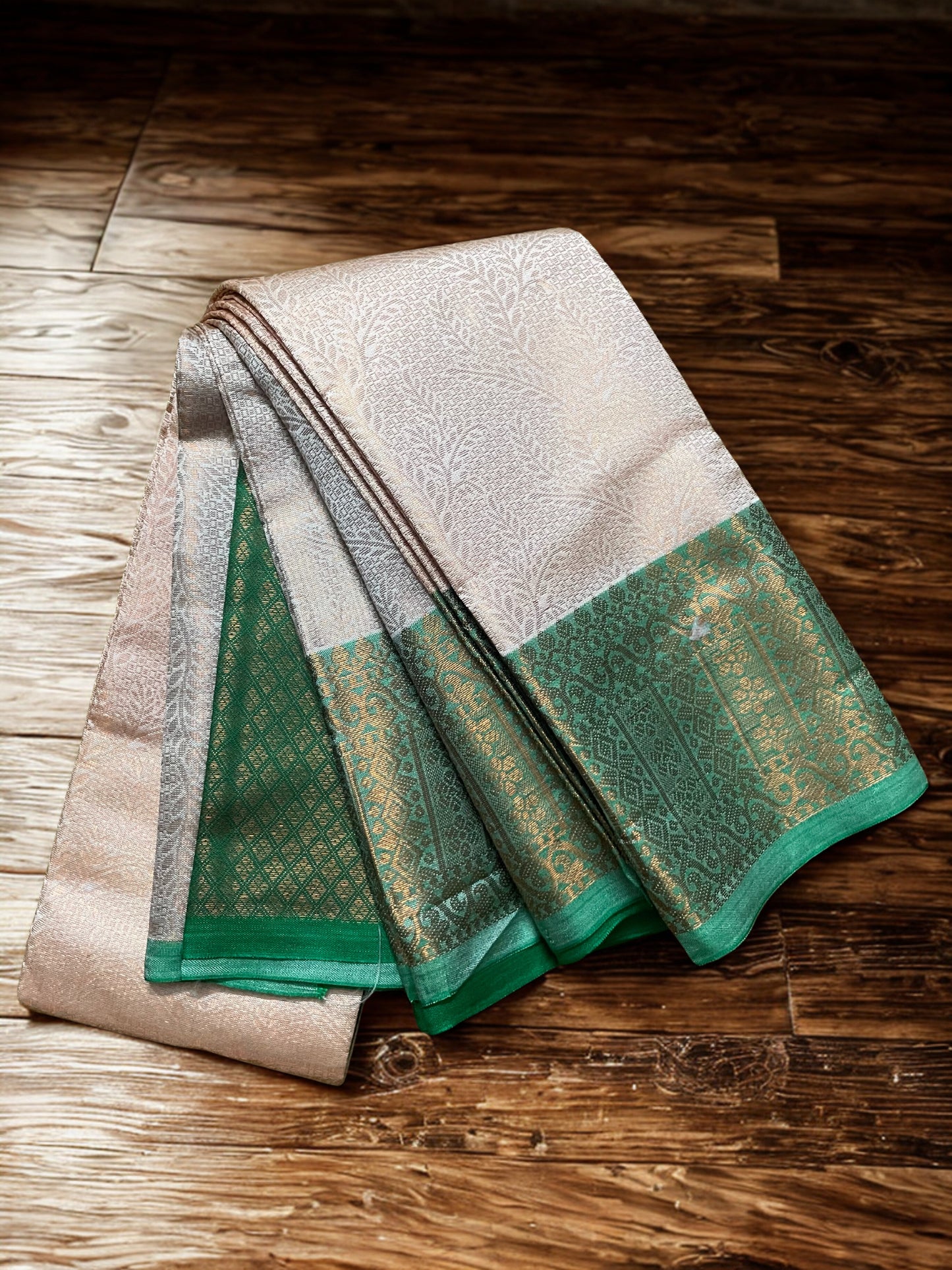 Pastel Semi Soft Silk Kanjivaram Saree with Teal Copper Zari Border