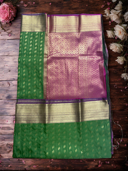 Kanchipuram Semi Silk Saree – Green with Pink Pallu & Golden Zari Border