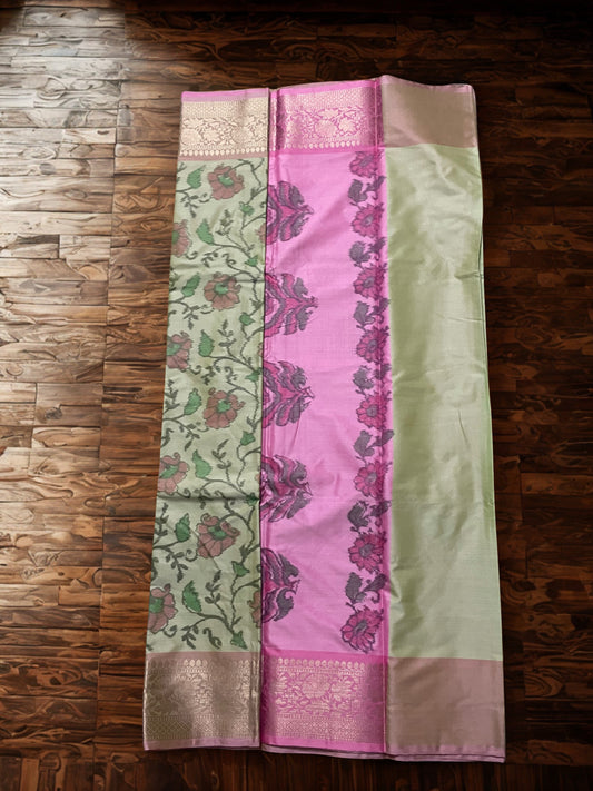 Pochampally Semi Silk Saree – Pastel Green with Pink Contrast Border, Pallu & Blouse Piece | Elegant Traditional Wear (Copy)