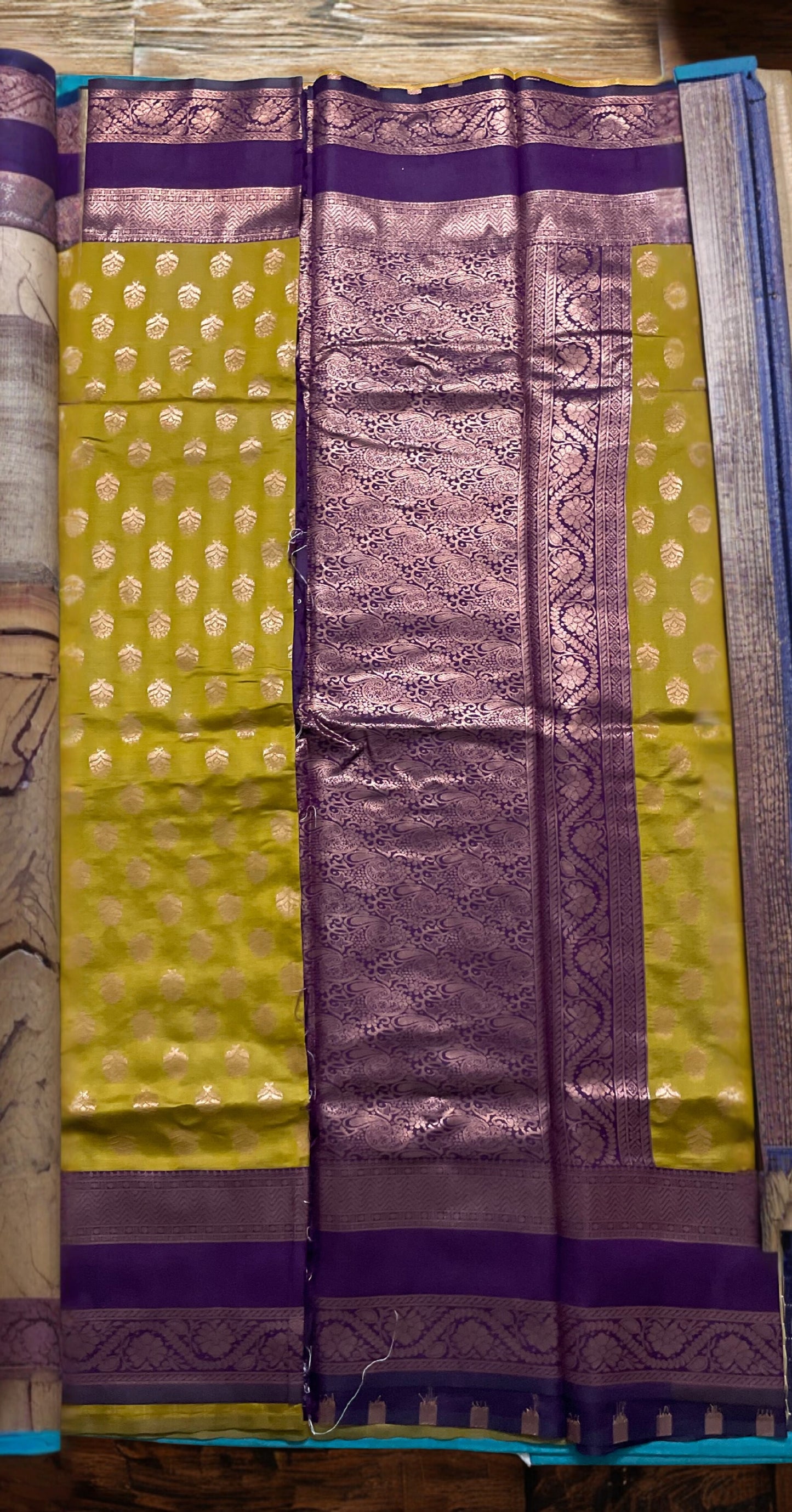 Kanchipuram Semi Silk Saree – Yellow with Magenta Contrast Border