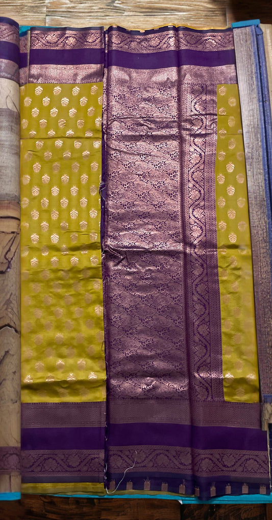 Kanchipuram Semi Silk Saree – Yellow with Magenta Contrast Border