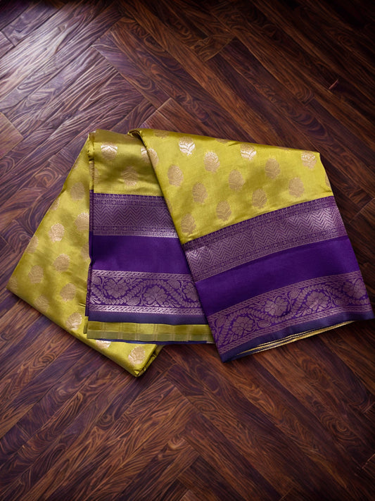 Kanchipuram Semi Silk Saree – Yellow with Magenta Contrast Border