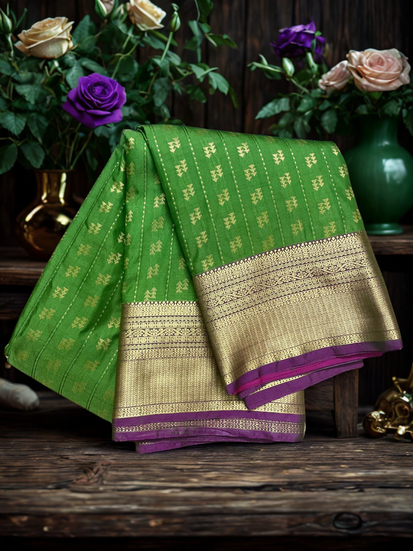 Kanchipuram Semi Silk Saree – Green with Pink Pallu & Golden Zari Border