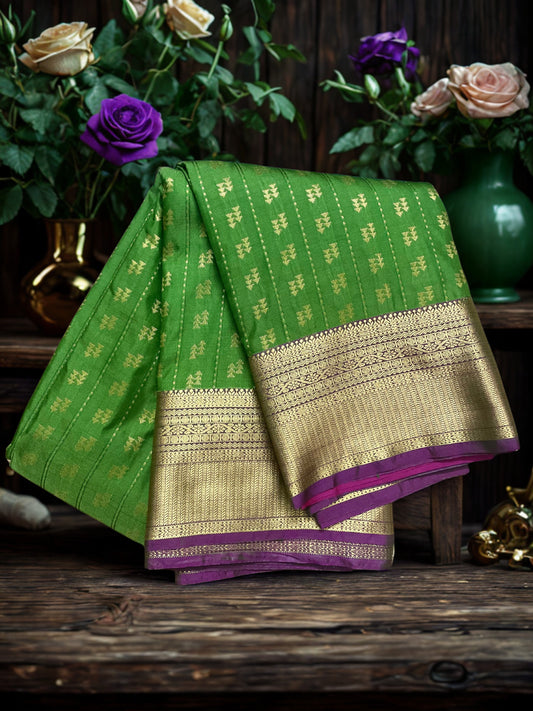 Kanchipuram Semi Silk Saree – Green with Pink Pallu & Golden Zari Border