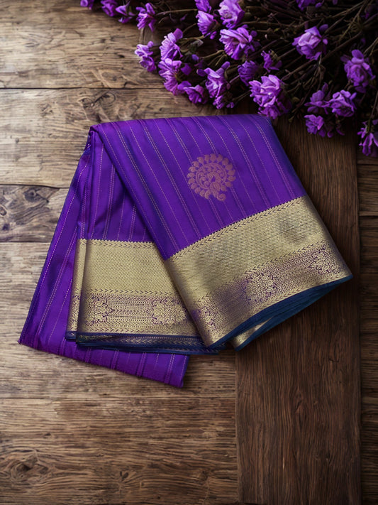 Kanchipuram Semi Silk Saree – Purple with Peacock Blue Pallu & Golden Zari Border