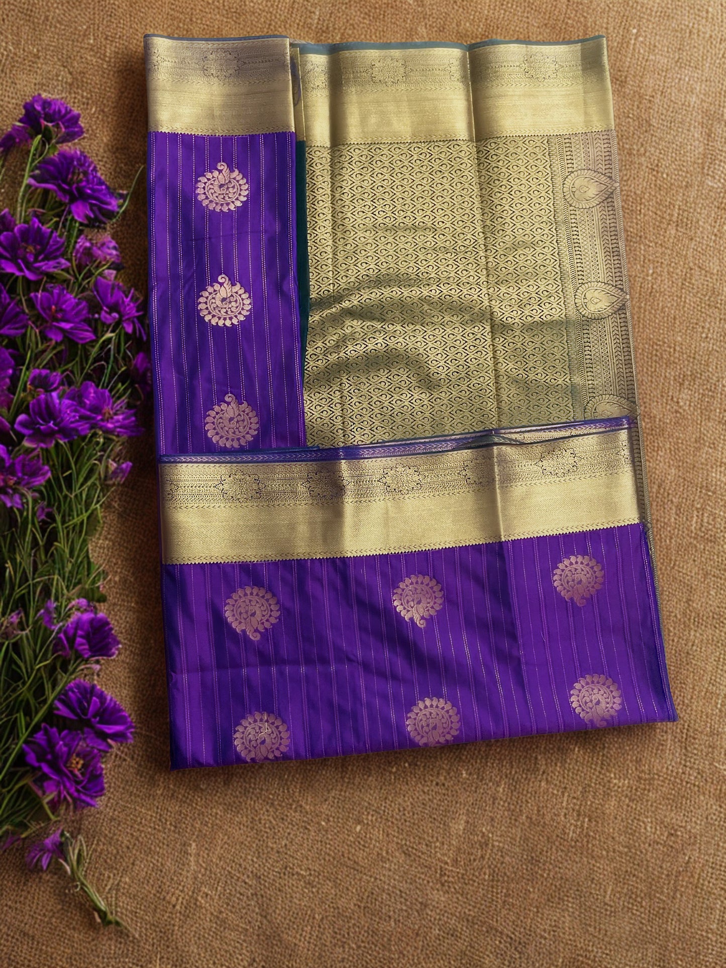 Kanchipuram Semi Silk Saree – Purple with Peacock Blue Pallu & Golden Zari Border