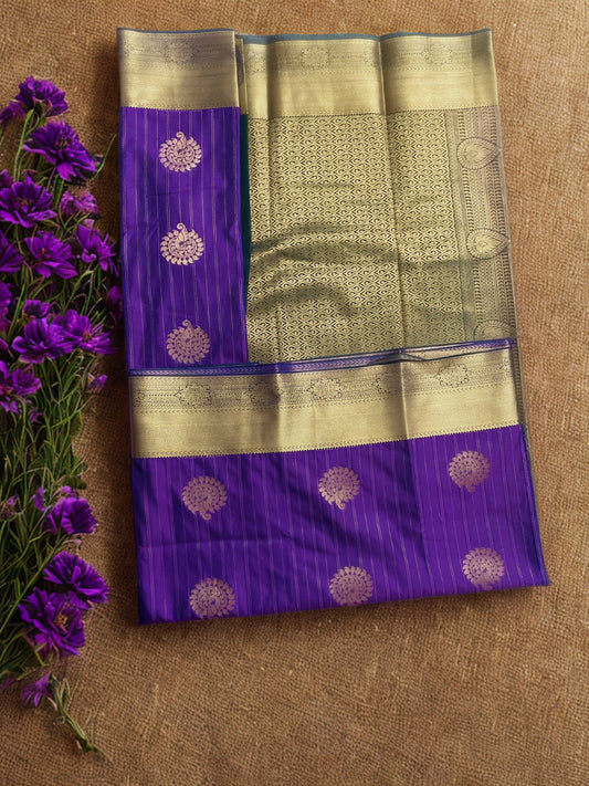 Kanchipuram Semi Silk Saree – Purple with Peacock Blue Pallu & Golden Zari Border