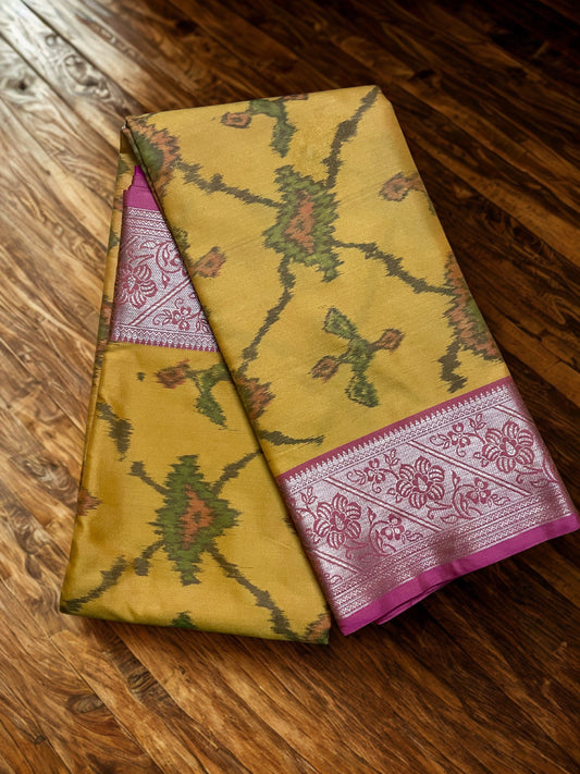 Pochampally Semi Silk Saree – Yellow with Pink Contrast Border, Pallu & Blouse Piece | Elegant Traditional Wear