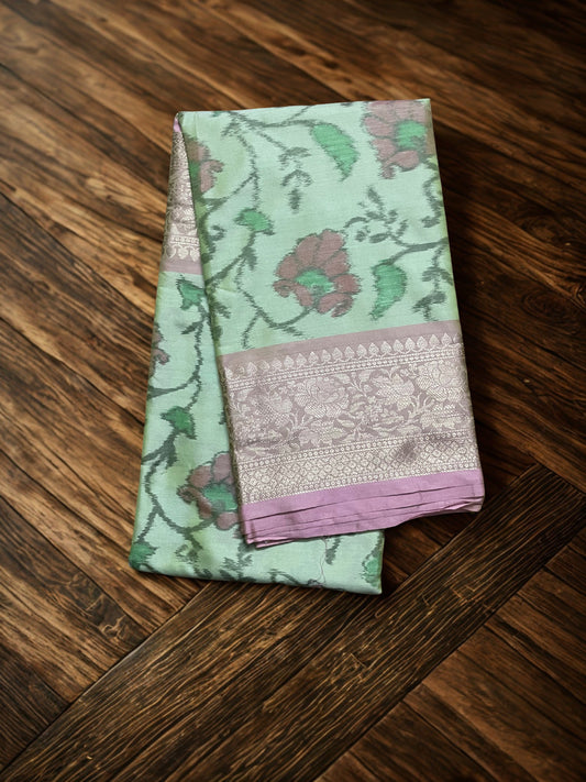 Pochampally Semi Silk Saree – Pastel Green with Pink Contrast Border, Pallu & Blouse Piece | Elegant Traditional Wear (Copy)