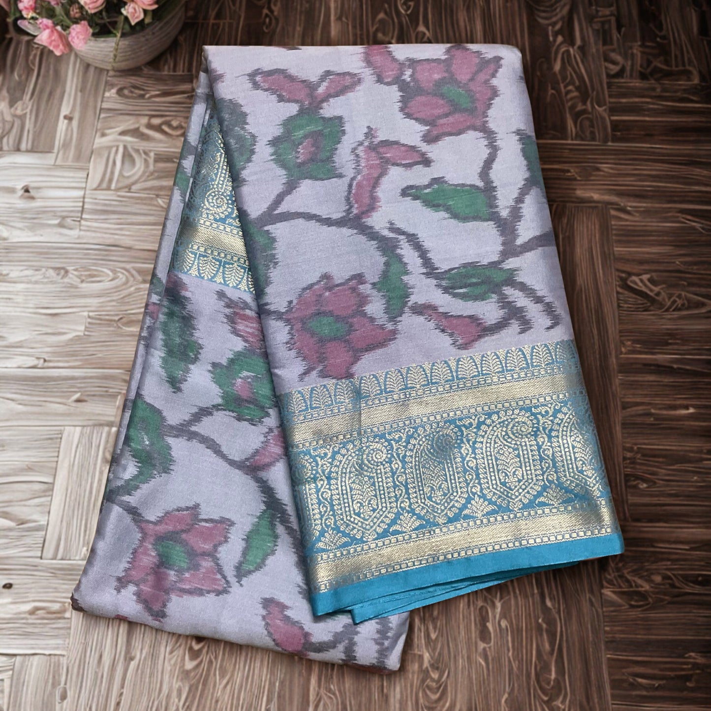 Pochampally Semi Silk Saree – Grey Body with Blue Contrast Border, Pallu & Blouse Piece | Elegant Traditional Wear