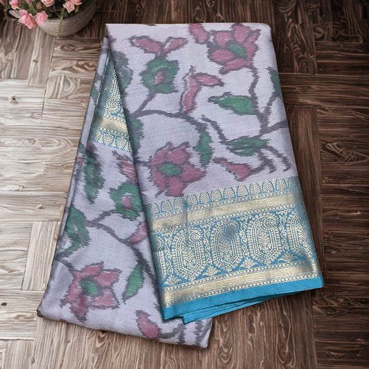 Pochampally Semi Silk Saree – Grey Body with Blue Contrast Border, Pallu & Blouse Piece | Elegant Traditional Wear