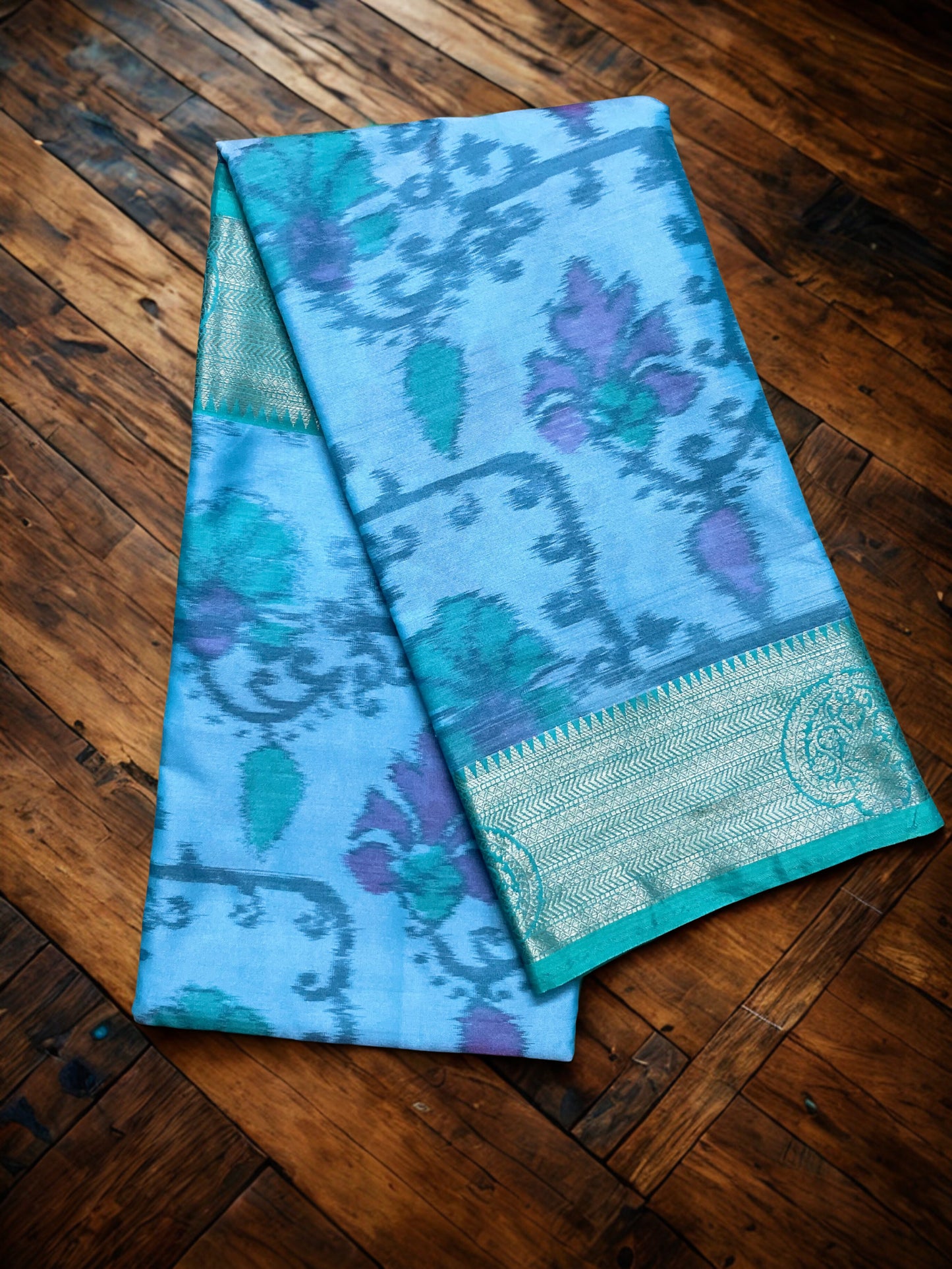 Pochampally Semi Silk Saree – Blue with Turquoise Contrast Border, Pallu & Blouse Piece | Elegant Traditional Wear (Copy) (Copy)