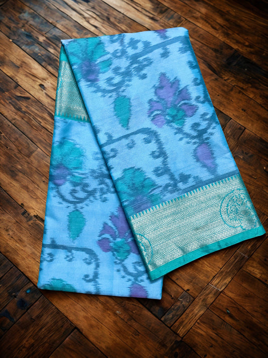 Pochampally Semi Silk Saree – Blue with Turquoise Contrast Border, Pallu & Blouse Piece | Elegant Traditional Wear (Copy) (Copy)