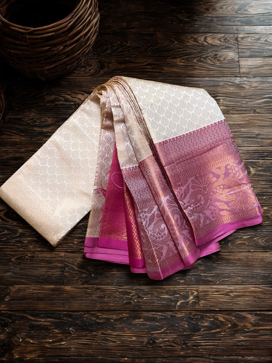 Pastel Semi Soft Silk Kanjivaram Saree with Pink Copper Zari Border