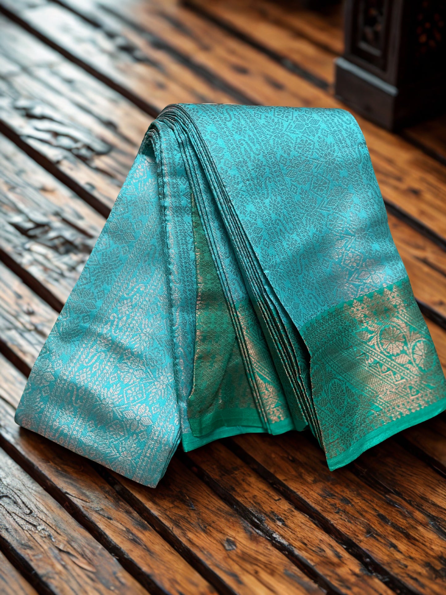 Semi Soft Silk Kanjivaram Saree Blue with Teal Copper Zari Border