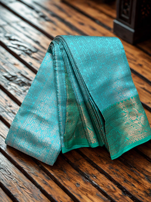 Semi Soft Silk Kanjivaram Saree Blue with Teal Copper Zari Border