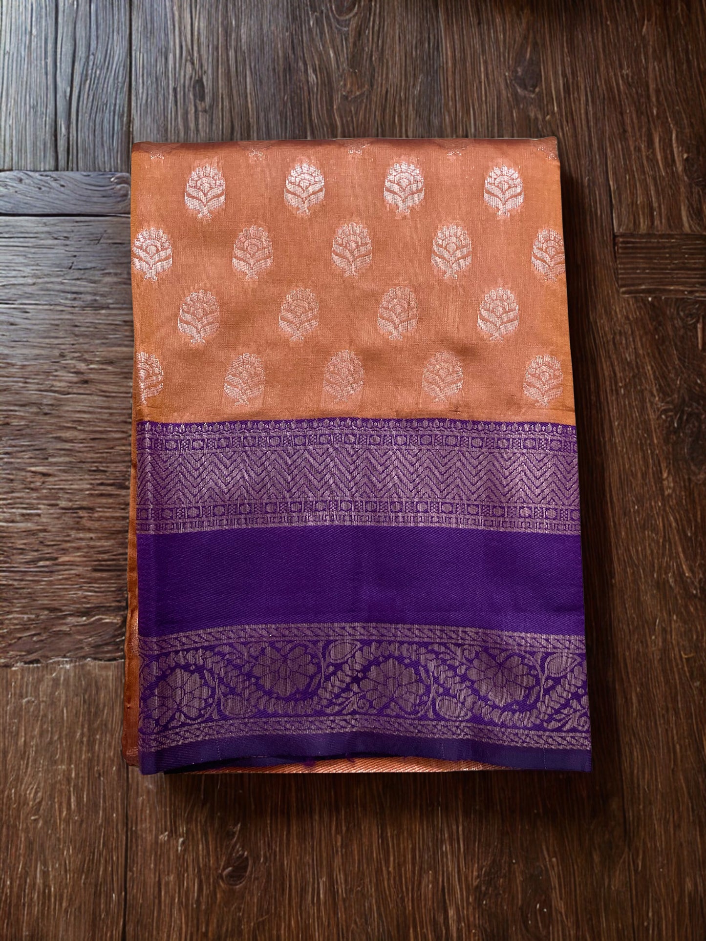 Kanchipuram Semi Silk Saree – Rust Orange with Purple Contrast Border