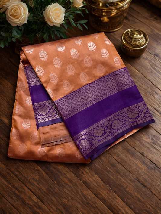 Kanchipuram Semi Silk Saree – Rust Orange with Purple Contrast Border