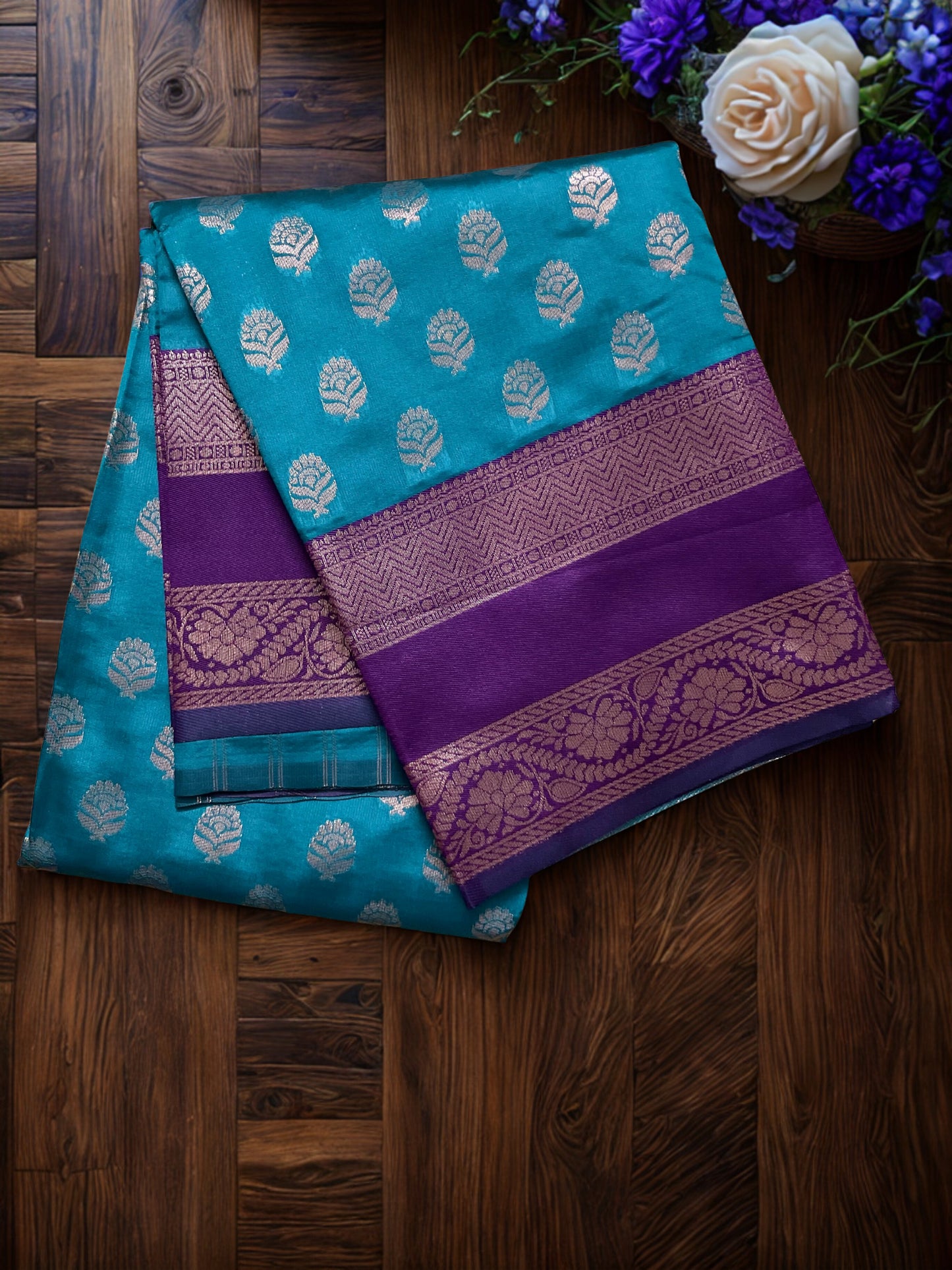 Semi Silk Handloom Fancy Sarees for Festive Occasions - Blue with Purple