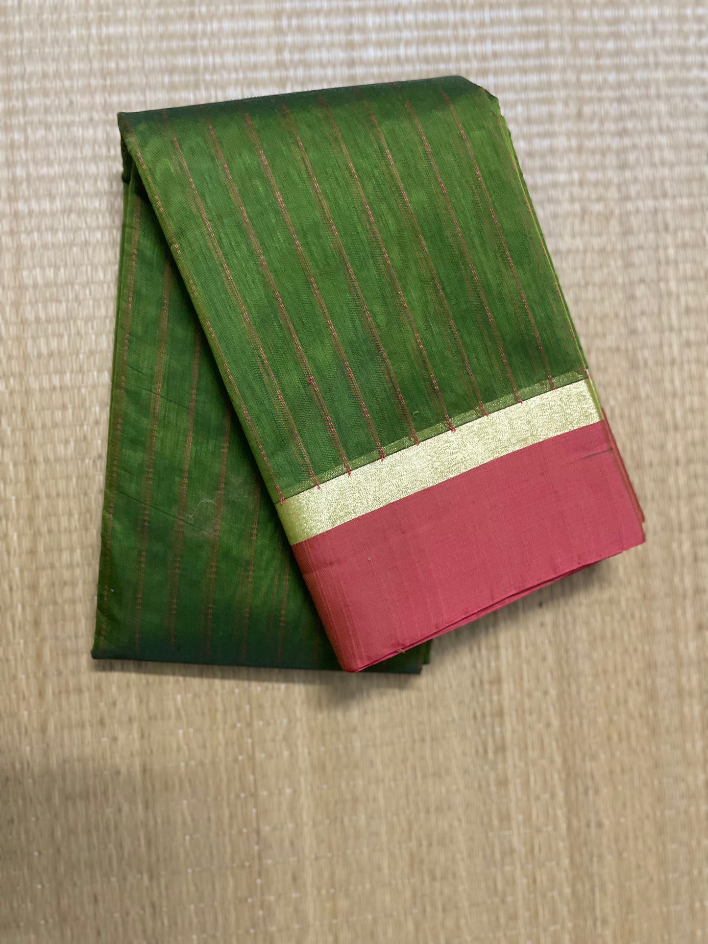 Silk Cotton Handloom Sarees for Daily Office Use - Leaf Green with Maroon