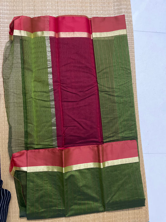 Silk Cotton Handloom Sarees for Daily Office Use - Leaf Green with Maroon