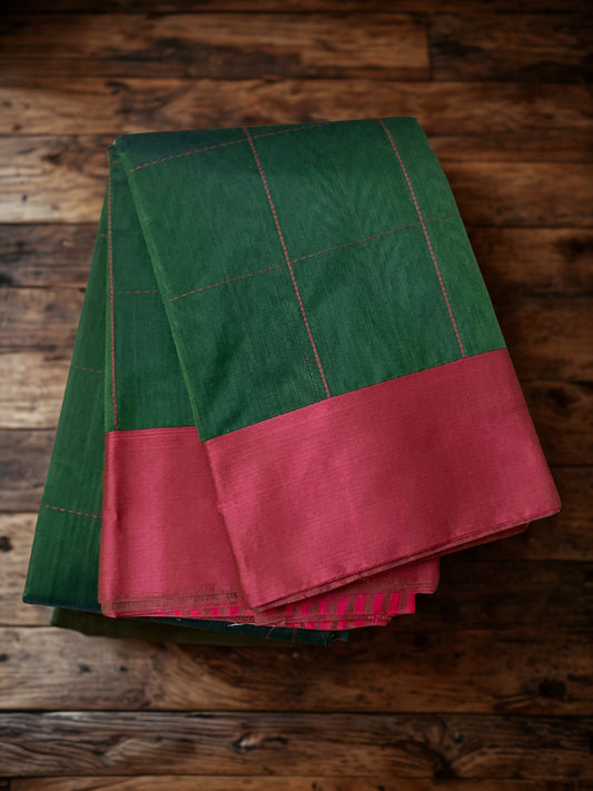 Silk Cotton Handloom Sarees for Daily Office Use - Green with Maroon